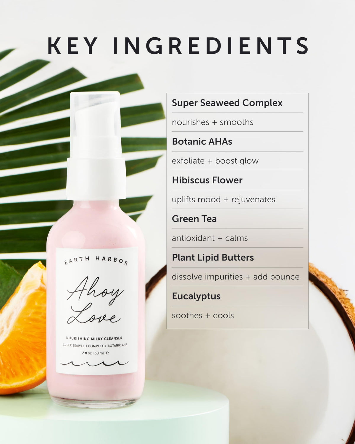 Earth Harbor Ahoy Love Nourishing Cream Cleanser glass bottle close-up on vanity for sensitive skin routine.