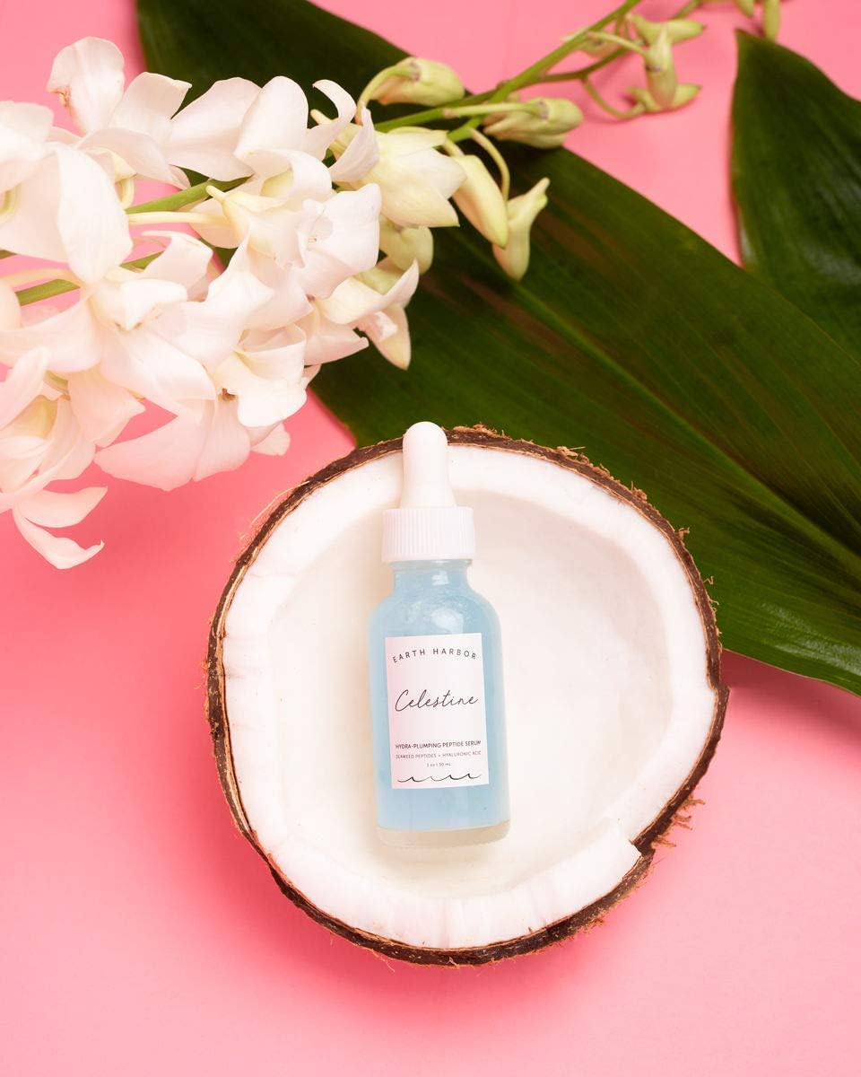 Earth Harbor Celestine label close-up confirms vegan, plant-based formula.