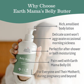 Earth Mama Belly Butter bottle back with ingredients overview for clean, safe use.