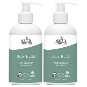Earth Mama Belly Butter bottle front, fragrance-free nourishment for delicate pregnancy skin.