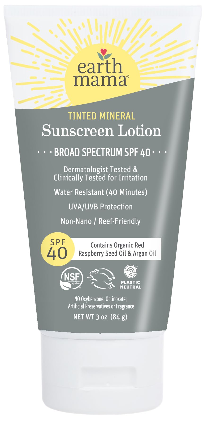Earth Mama tinted mineral sunscreen bottle with a sheer tint blending into skin