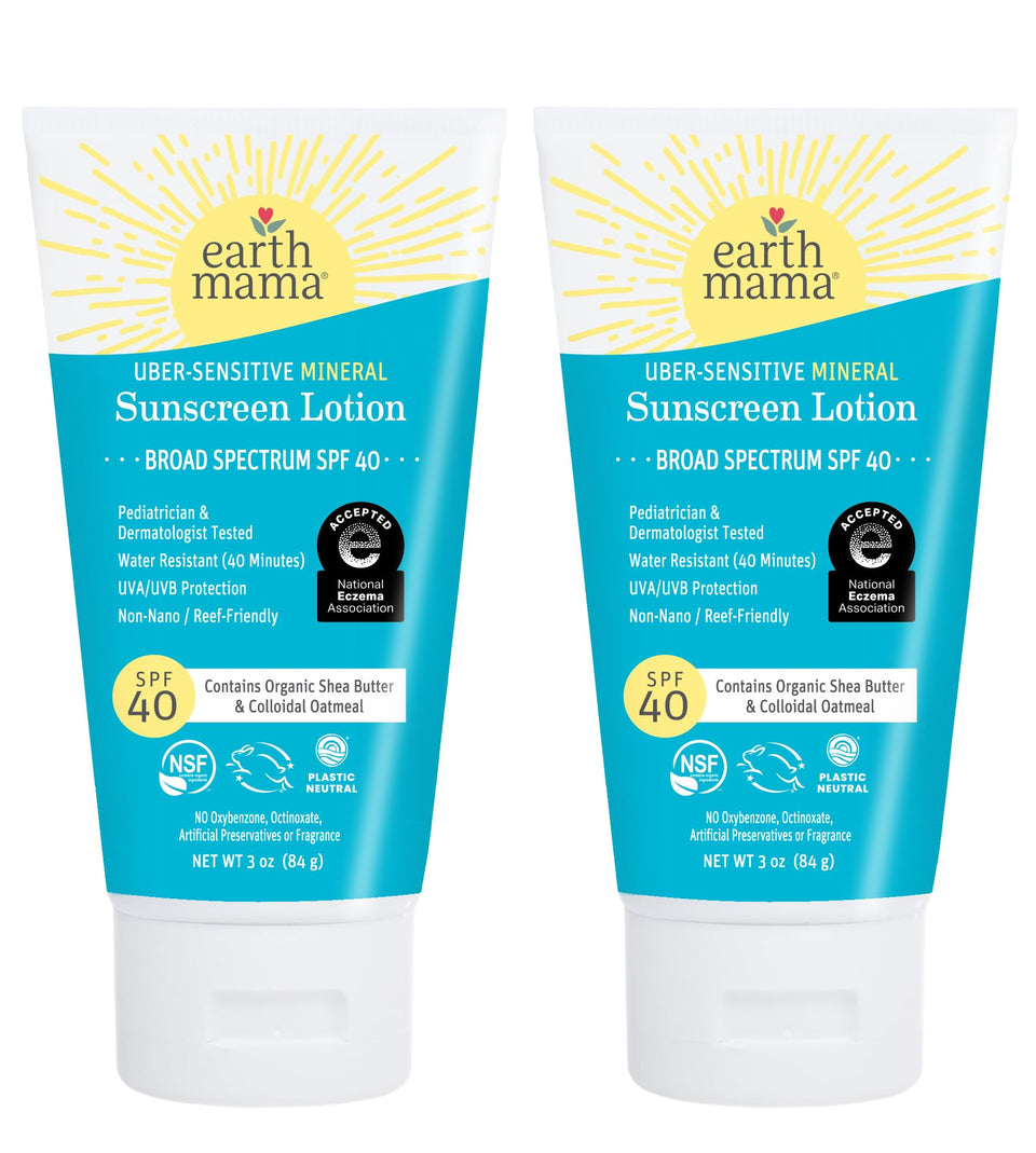 Earth Mama Uber-Sensitive Sunscreen Bottle for gentle UV protection on sensitive skin.