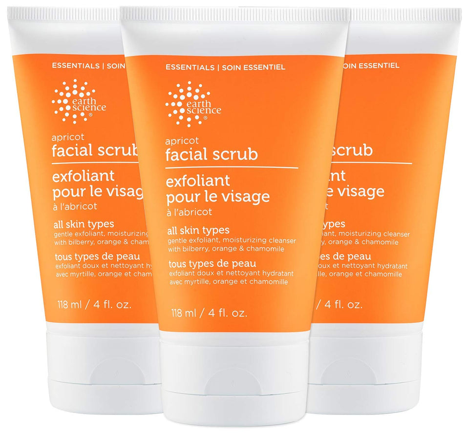 Earth Science Apricot Gentle Exfoliating Scrub jar shows creamy texture for gentle exfoliation.