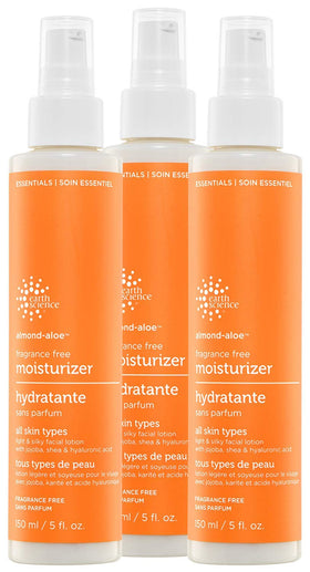 Earth Science fragrance-free almond-aloe moisturizer box with 3-pack packaging