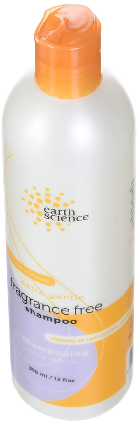 Earth Science Fragrance Free Shampoo ingredients panel shows vegan, cruelty-free formula.