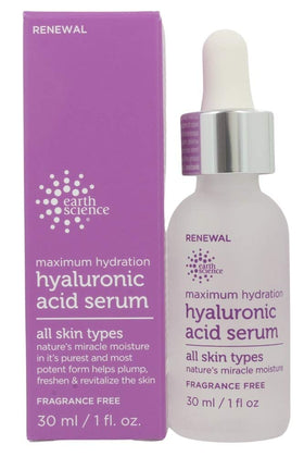 Earth Science Hyaluronic Acid Serum pump bottle demonstrates lightweight hydration.