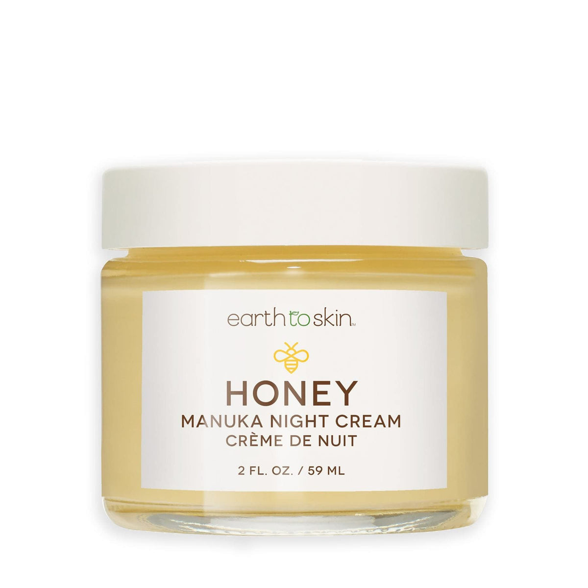 Earth To Skin Manuka Honey Night Cream jar closeup showing rich hydration for dry, sensitive skin.