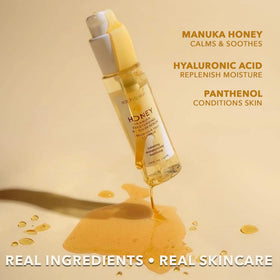 Close-up of Earth To Skin Manuka Honey Serum texture showing silky, fast-absorbing finish.