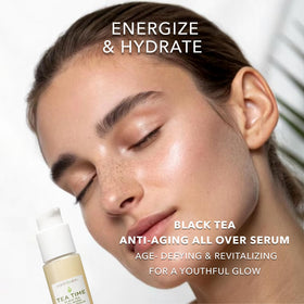 Close up of Earth To Skin Tea Time serum being applied for quick absorption.
