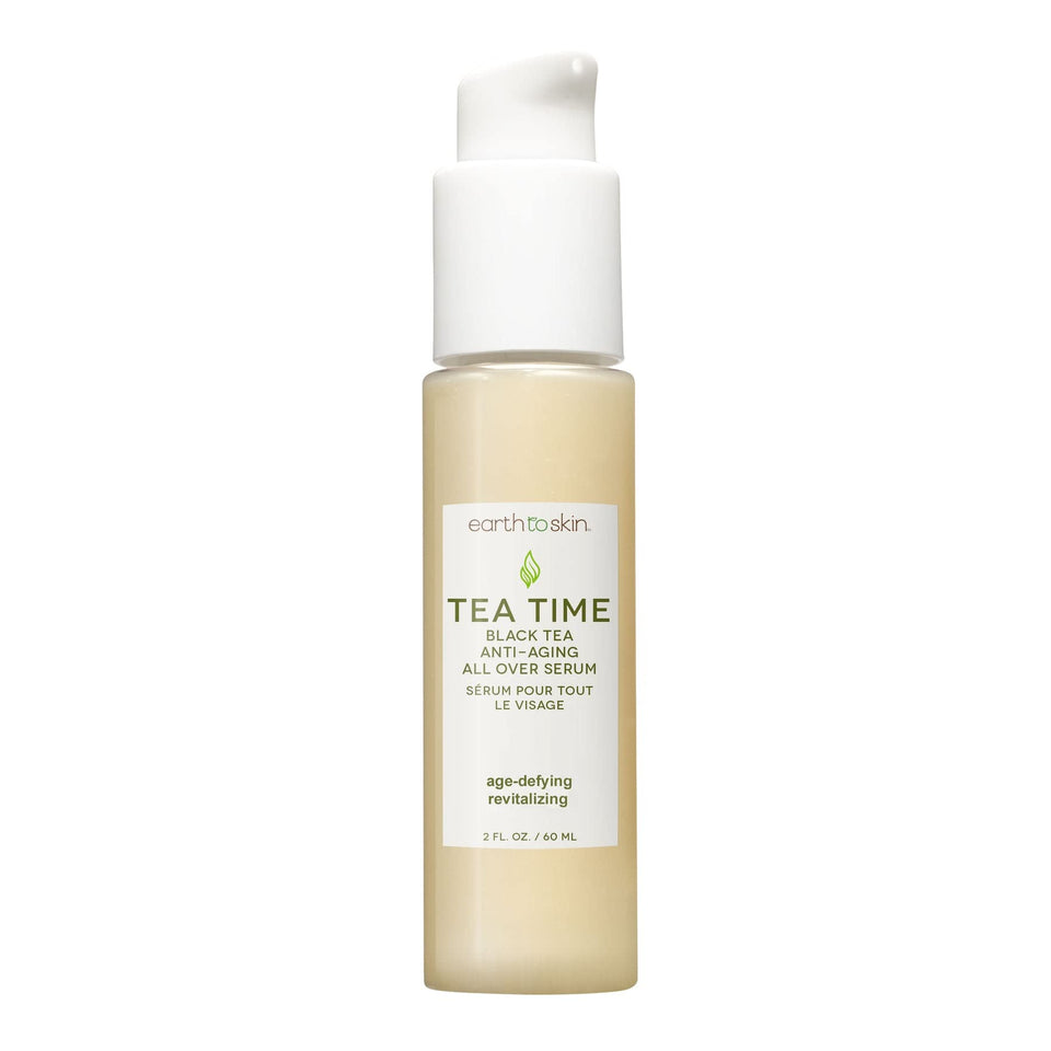 Earth To Skin Tea Time serum bottle highlighting hydration and antioxidant blend.