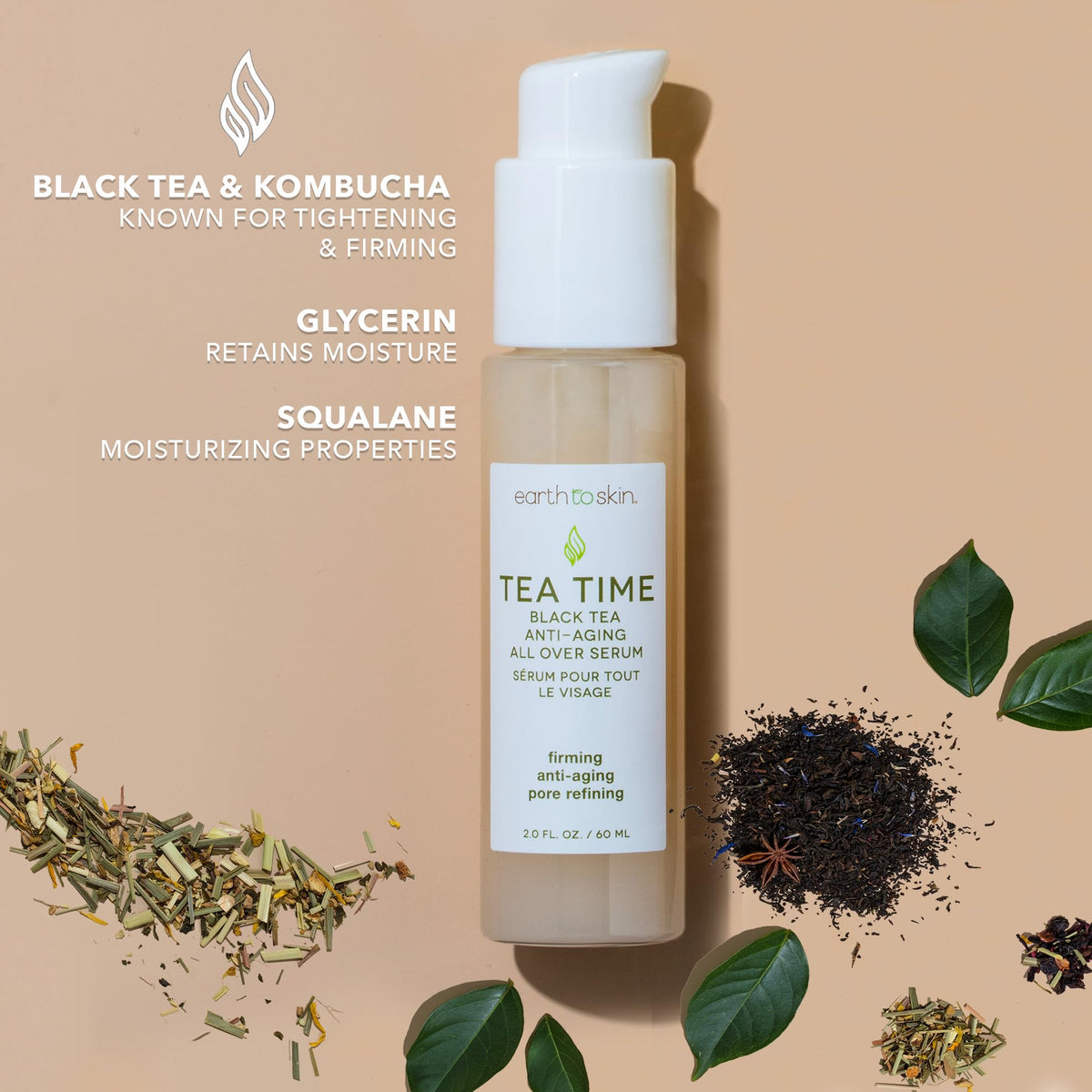 Fermented black tea and kombucha infusion shown on Earth To Skin Tea Time serum bottle boosting hydration.