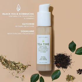 Fermented black tea and kombucha infusion shown on Earth To Skin Tea Time serum bottle boosting hydration.