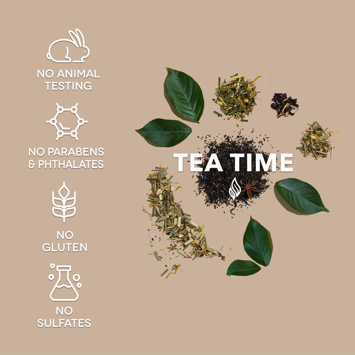 Earth To Skin Tea Time serum bottle highlights moisture-locking glycerin and squalane for soft skin.