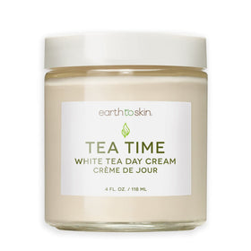 Earth To Skin Tea Time White Tea Day Cream bottle shows smooth, hydrating formula for daily use