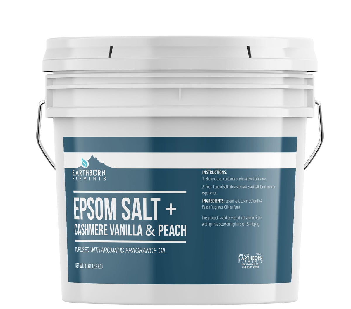 Earthborn Elements Cashmere Vanilla & Peach Epsom Salt bucket closeup for a fragrant soak