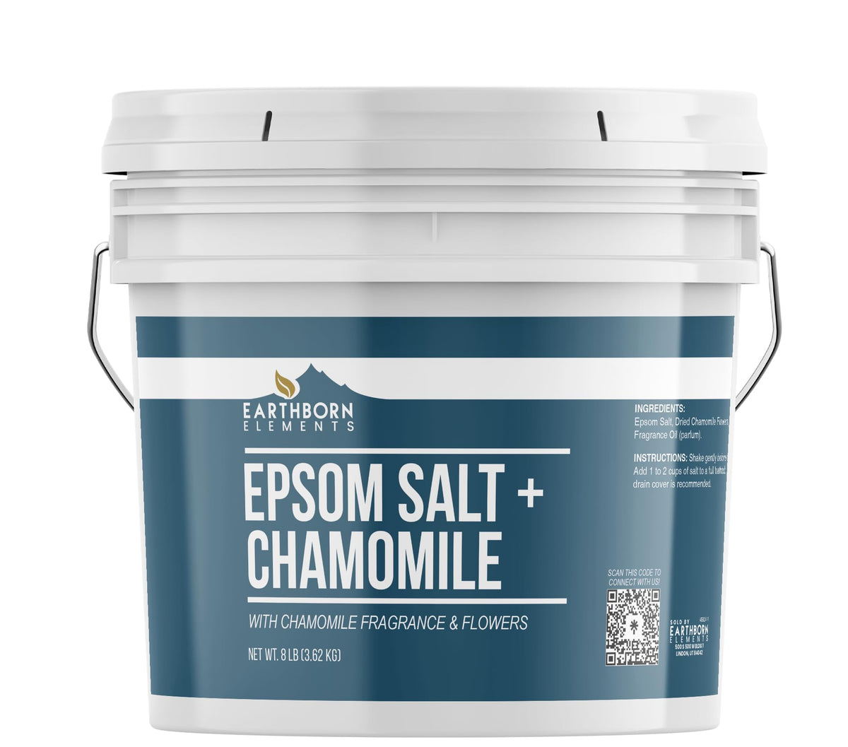 Earthborn Elements Chamomile Epsom Salt in a bucket for relaxing soaks.