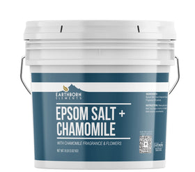 Earthborn Elements Chamomile Epsom Salt in a bucket for relaxing soaks.