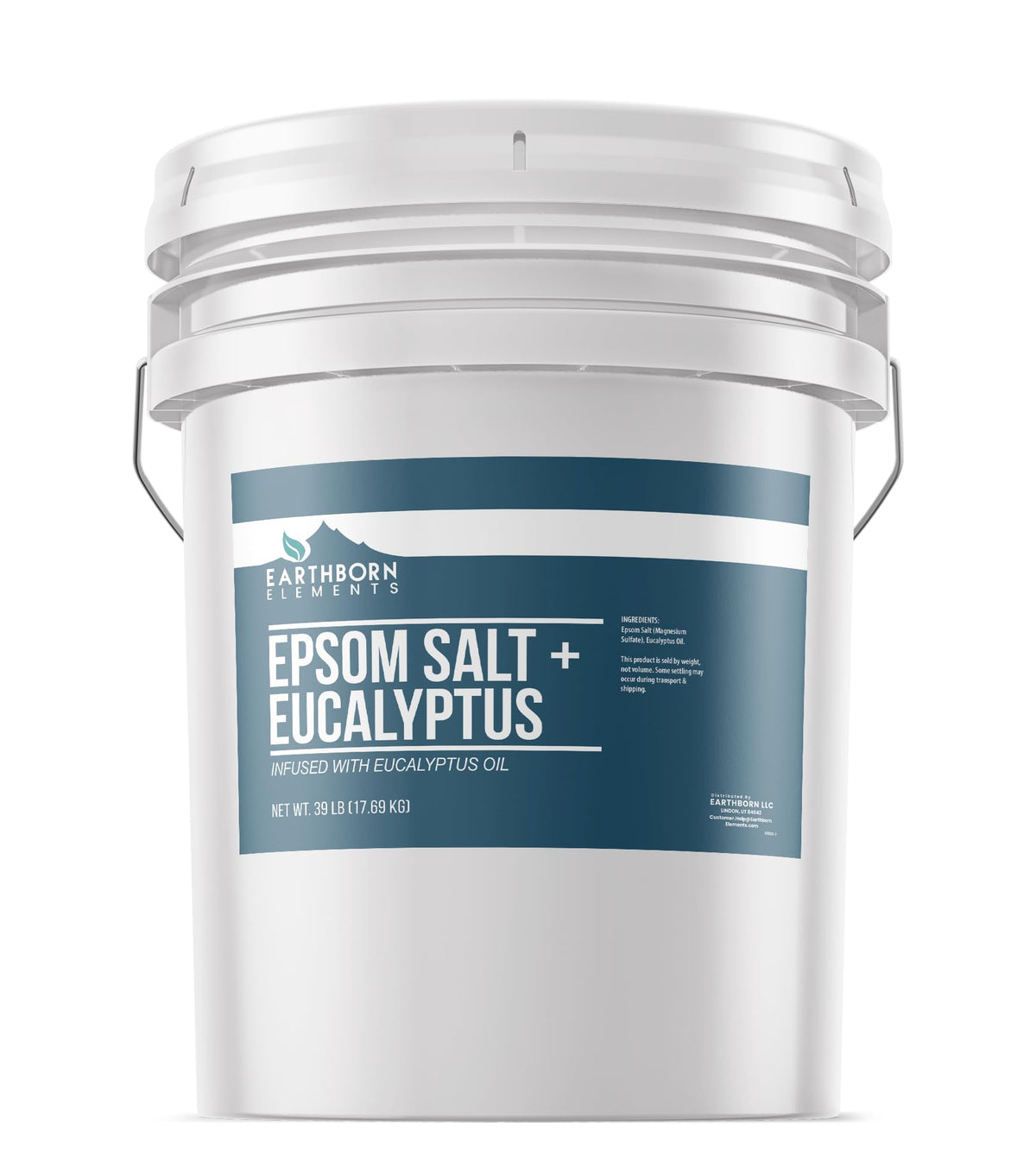 Earthborn Elements Eucalyptus Epsom Salt bucket pour highlights pure, additive-free formula for a soothing soak.