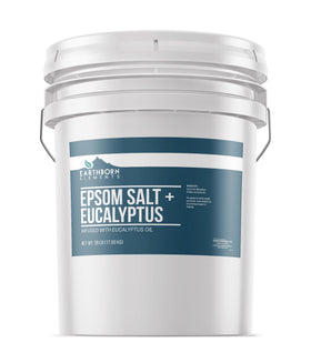 Earthborn Elements Eucalyptus Epsom Salt bucket pour highlights pure, additive-free formula for a soothing soak.