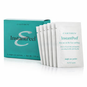 Earthen Skincare Instant Peel Packets face closeup for instant exfoliation and glow.