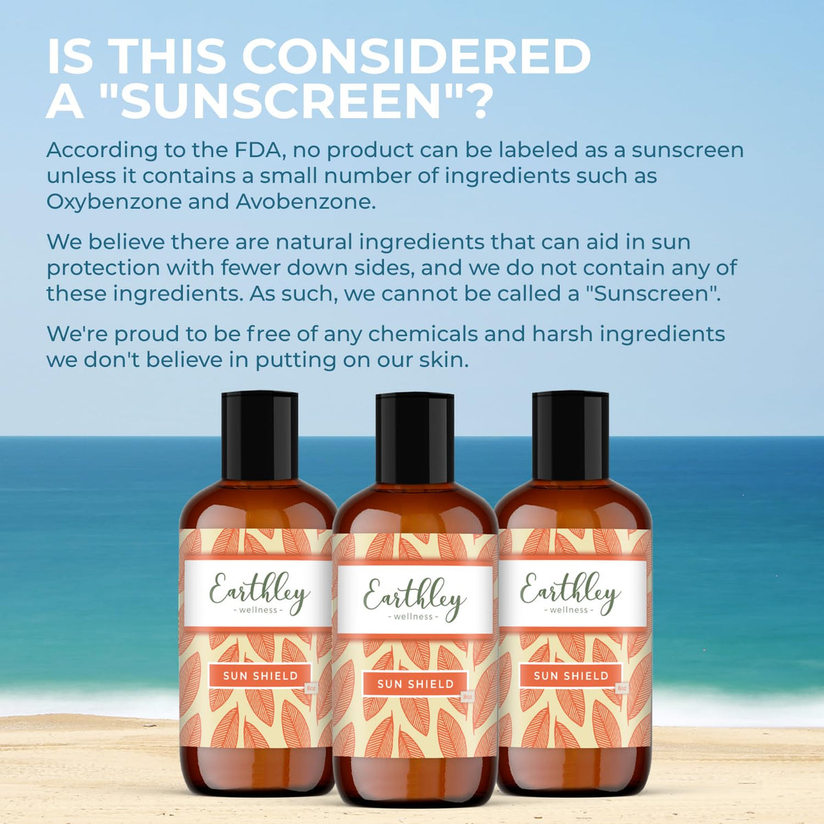 Earthley Wellness Sun Shield ingredient label highlights botanical oils.