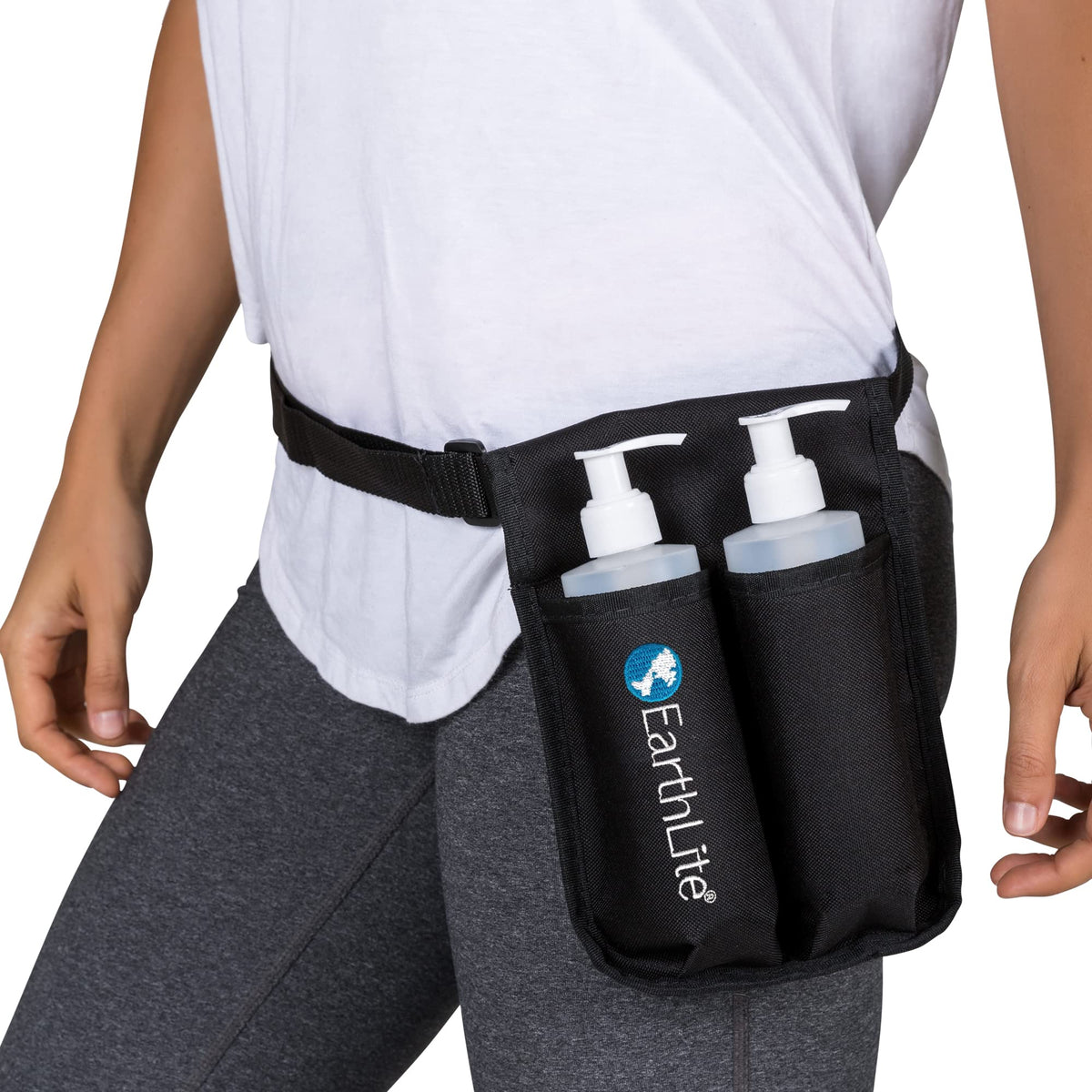 EarthLite massage bottle double holster kit keeps oils at hand during professional sessions