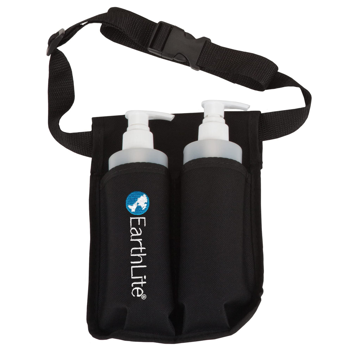 EarthLite oil and lotion bottle in holster for quick access beside the massage table