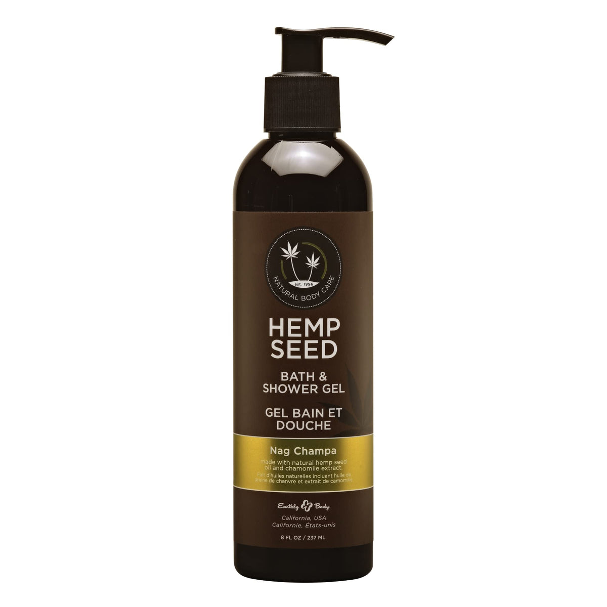 Earthly Body hemp seed bath and shower gel Nag Champa bottle nourishes skin without heaviness