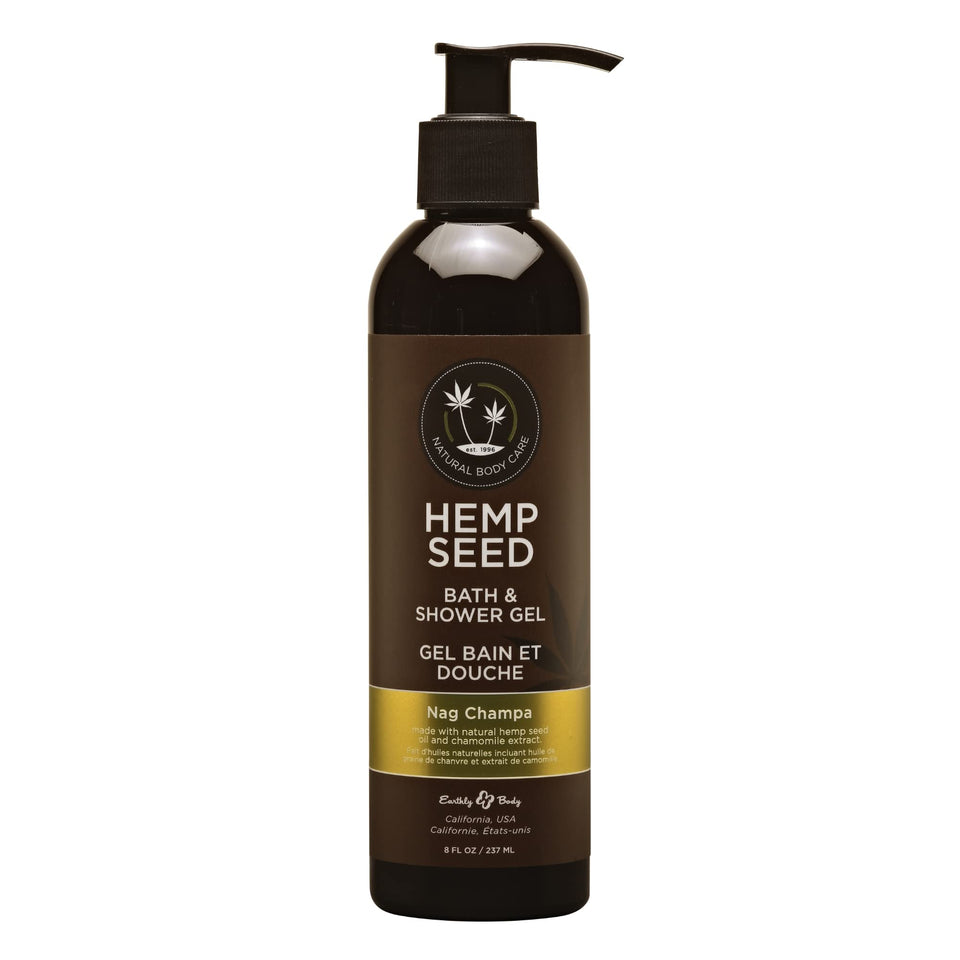 Earthly Body hemp seed bath and shower gel Nag Champa bottle nourishes skin without heaviness