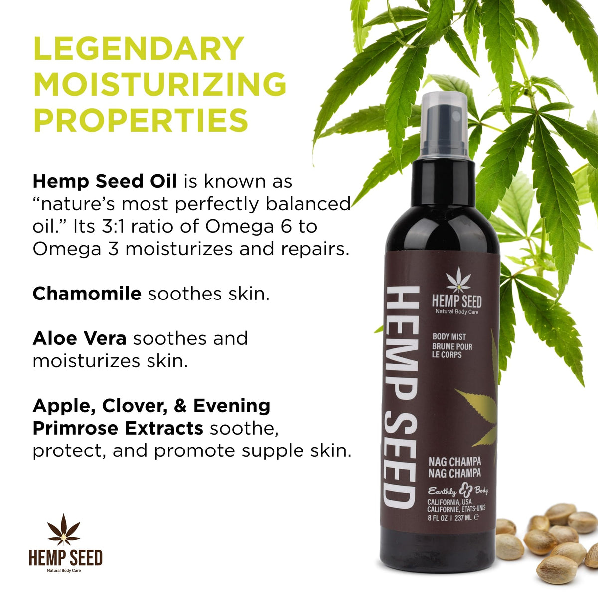 Earthly Body Hemp Seed Body Mist Nag Champa label closeup highlights ingredients