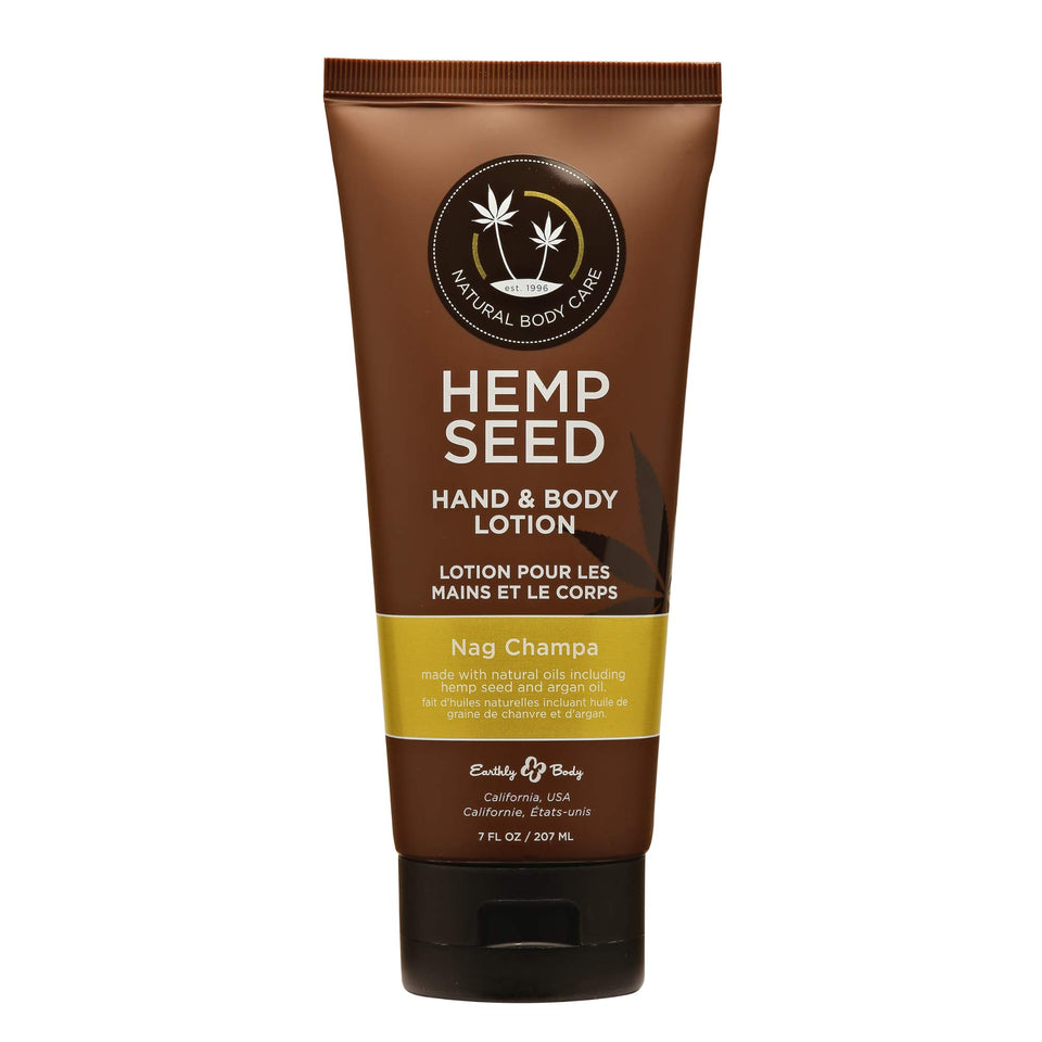 Earthly Body Hemp Seed Hand & Body Lotion bottle with Nag Champa scent for daily hydration