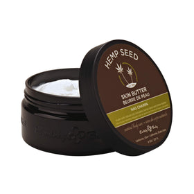 Earthly Body hemp seed skin butter jar provides rich daily moisture.