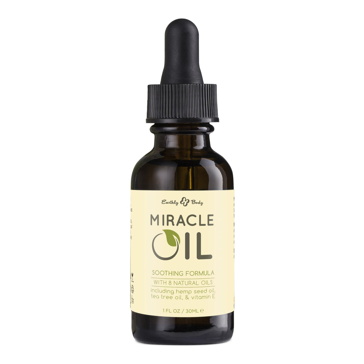 Earthly Body Miracle Oil bottle closeup highlighting natural blend for moisturizing and soothing skin.