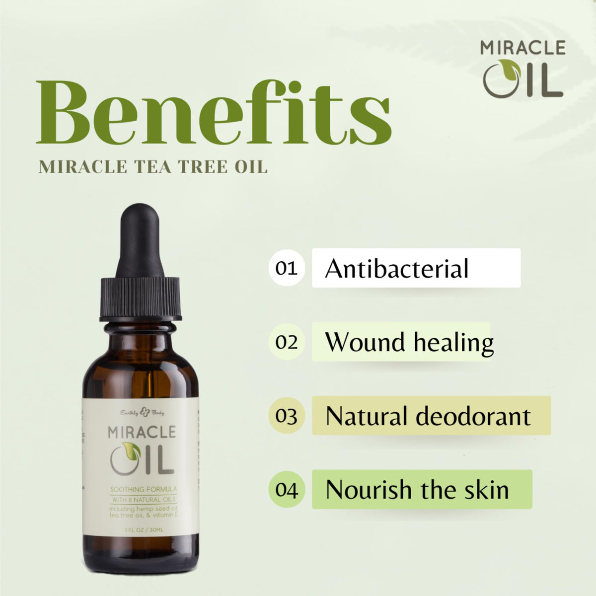 Earthly Body Miracle Oil ingredients tea tree and hemp seed calm skin
