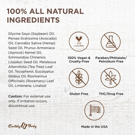 Earthly Body Miracle Oil bottle with tea tree oil detail emphasizes calming properties.