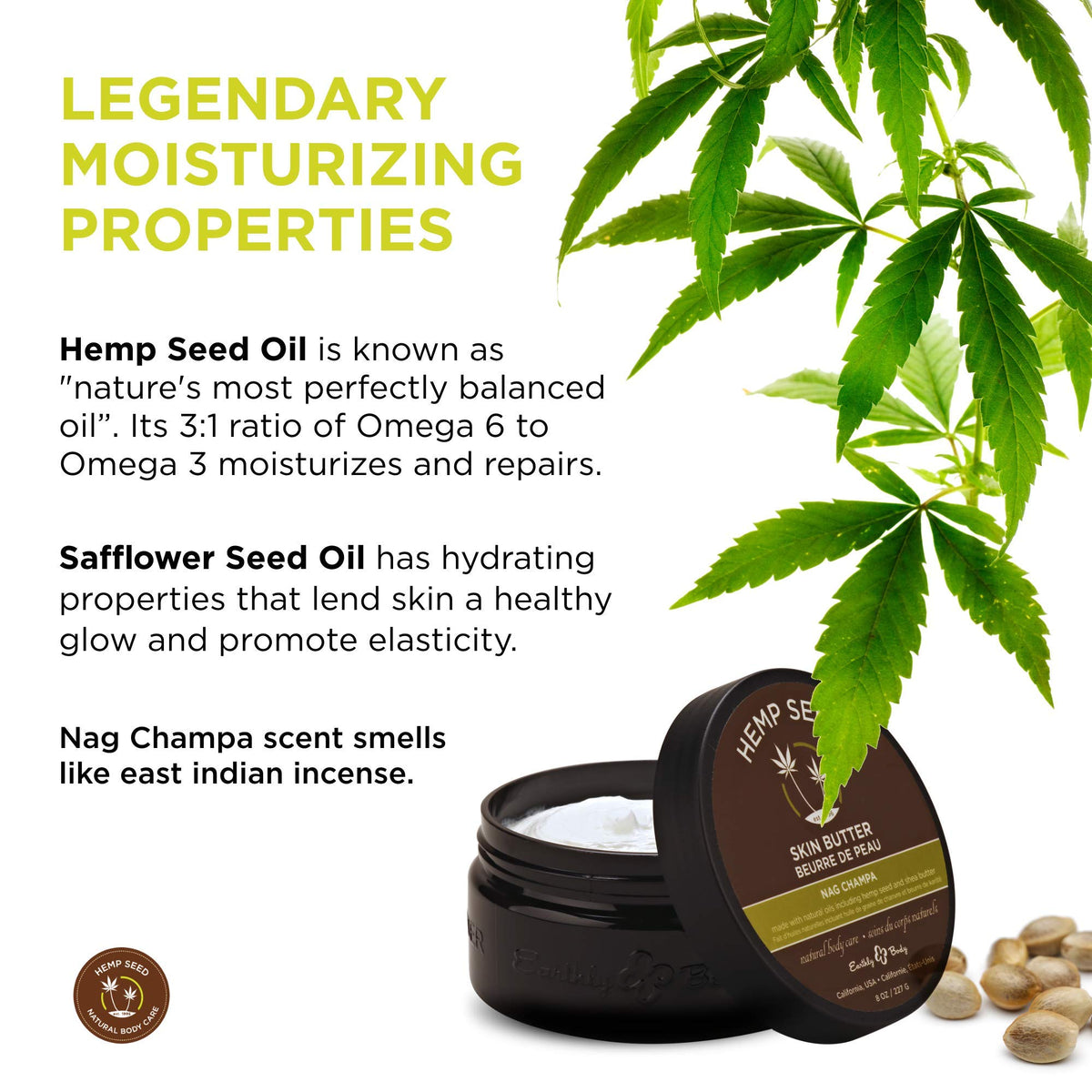 Hands apply Earthly Body hemp seed skin butter to the skin.