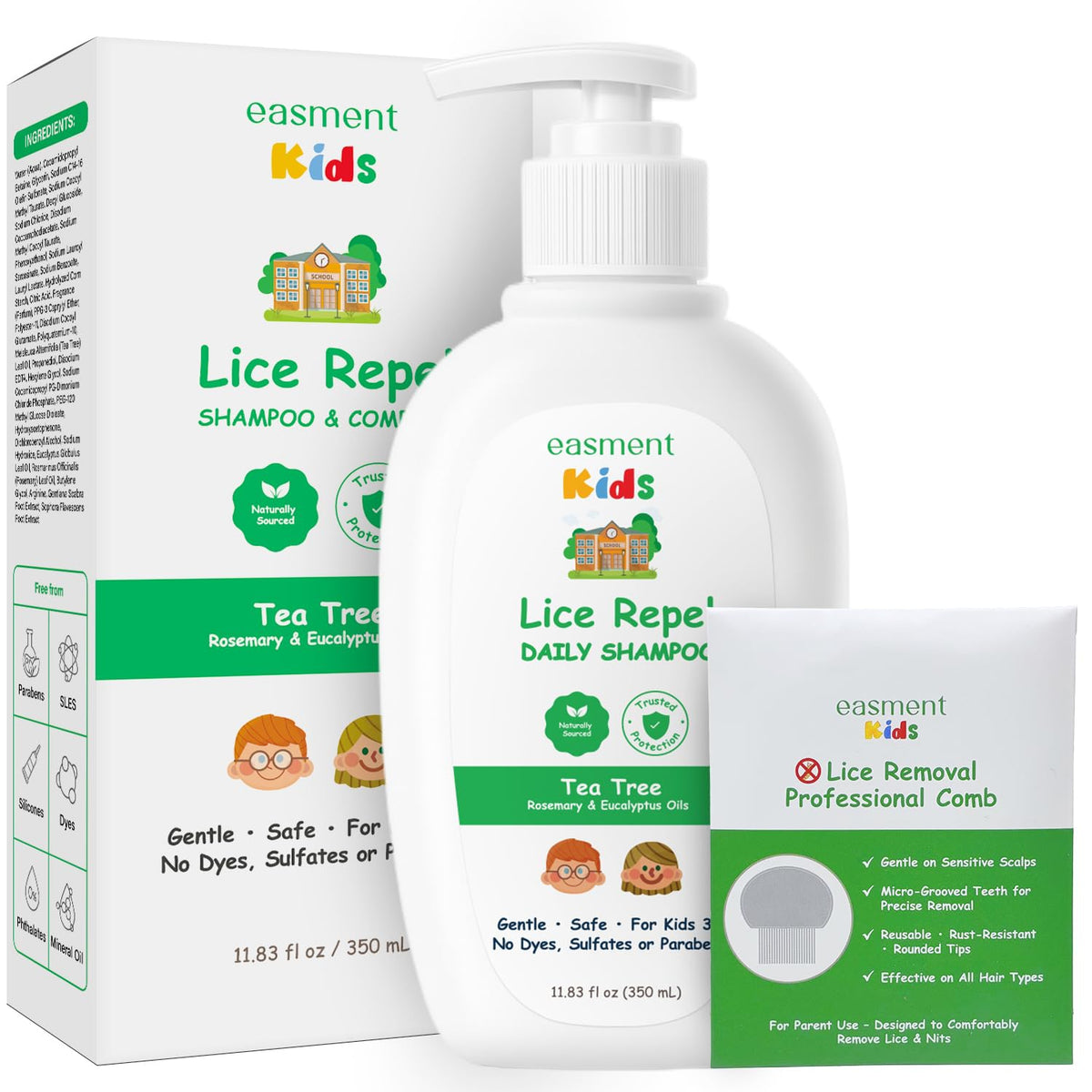 Easment Lice Shampoo bottle with pump, easy daily use for kids.