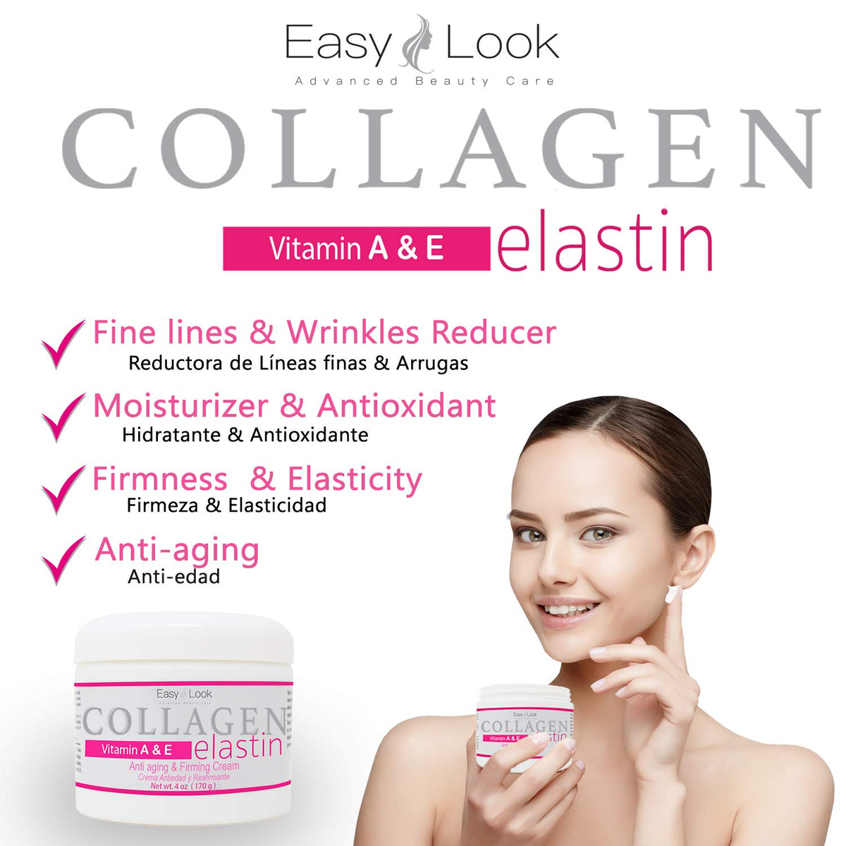 Easy Look Collagen Elastin Cream pump demonstrates easy, even application.