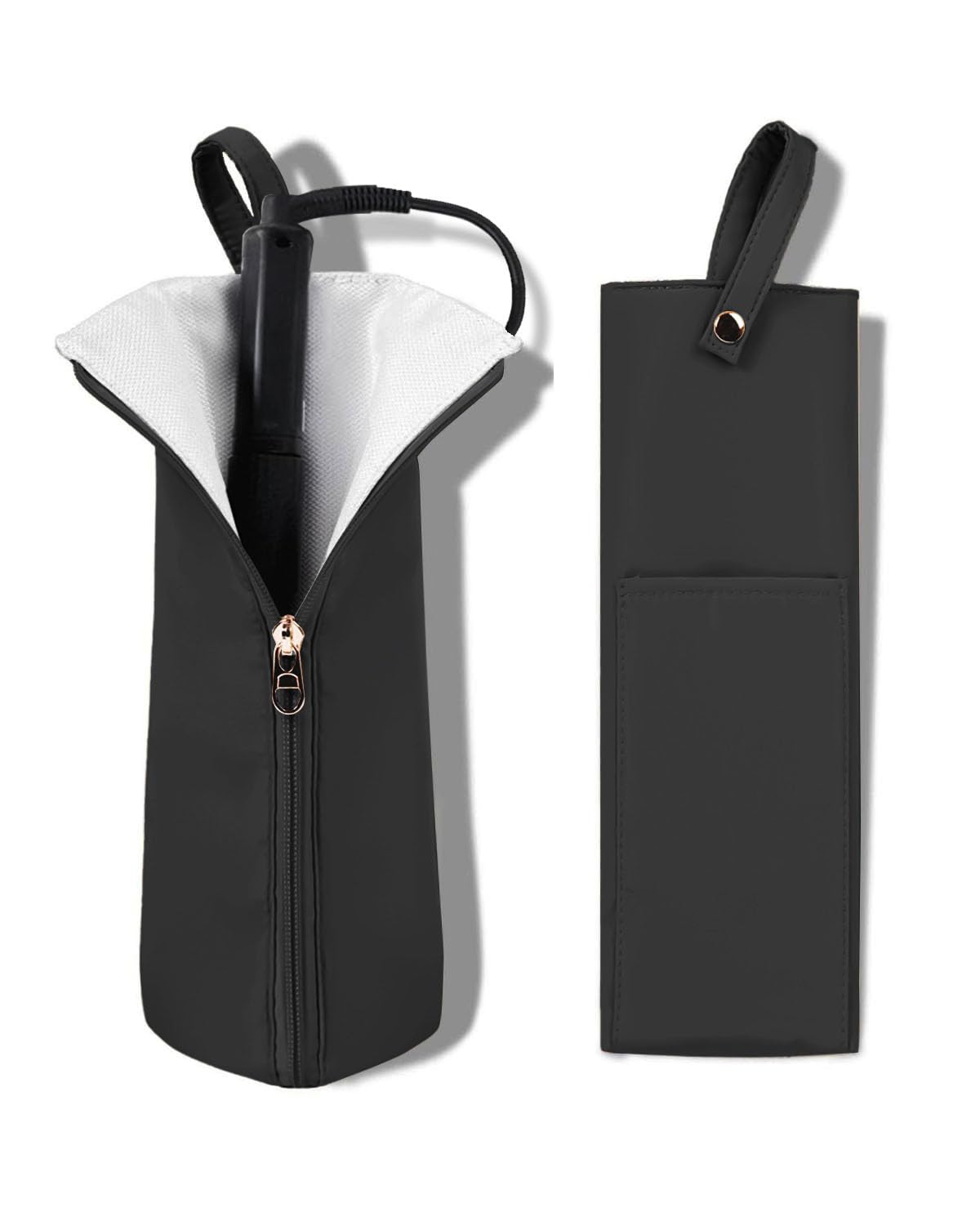 Easy-U curling iron holder with heat-resistant interior protects surfaces after use.