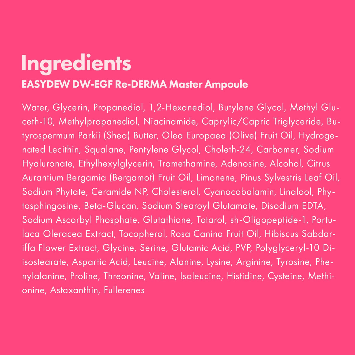 EASYDEW DW-EGF ingredients graphic emphasizes ceramide and niacinamide benefits.