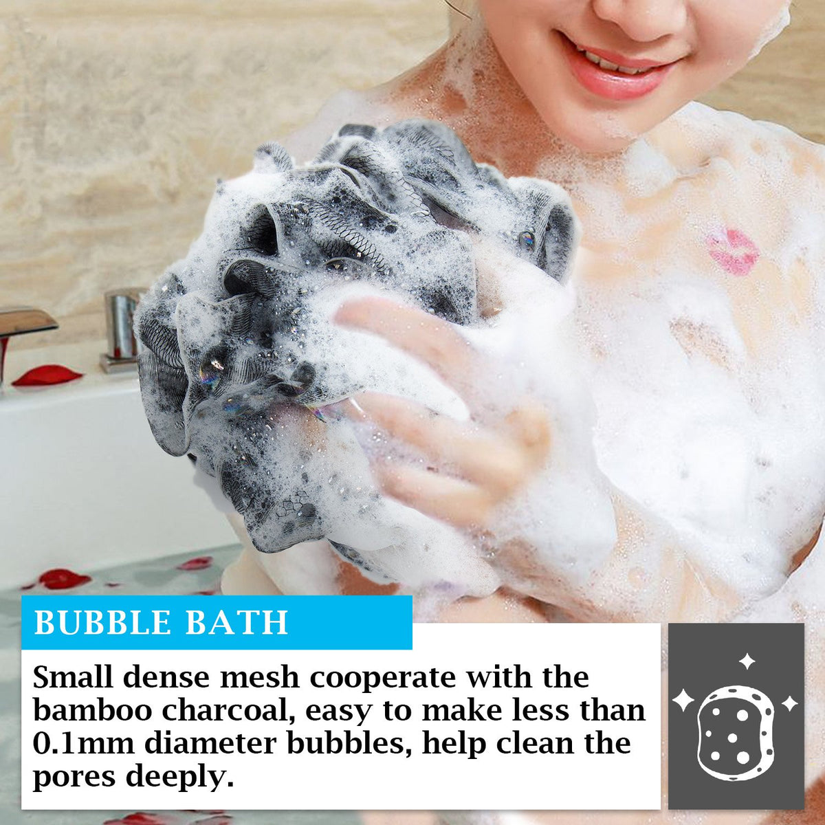 Lather up with Easymoo loofah producing rich bubbles with body wash