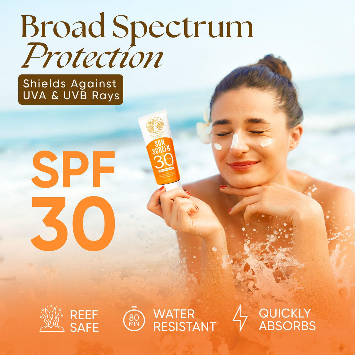 Eat My Face 80-minute water resistance supports outdoor activities.