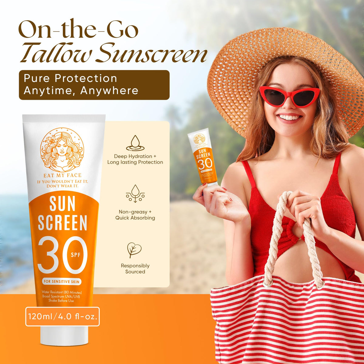 Eat My Face beach-day application demonstrates easy, mess-free sun protection.