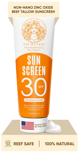 Eat My Face beef tallow sunscreen travel tube ready for on-the-go SPF 30 protection.
