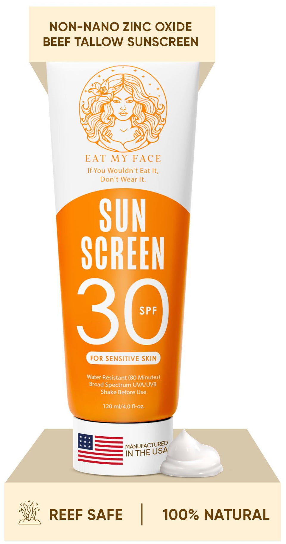 Eat My Face beef tallow sunscreen travel tube ready for on-the-go SPF 30 protection.