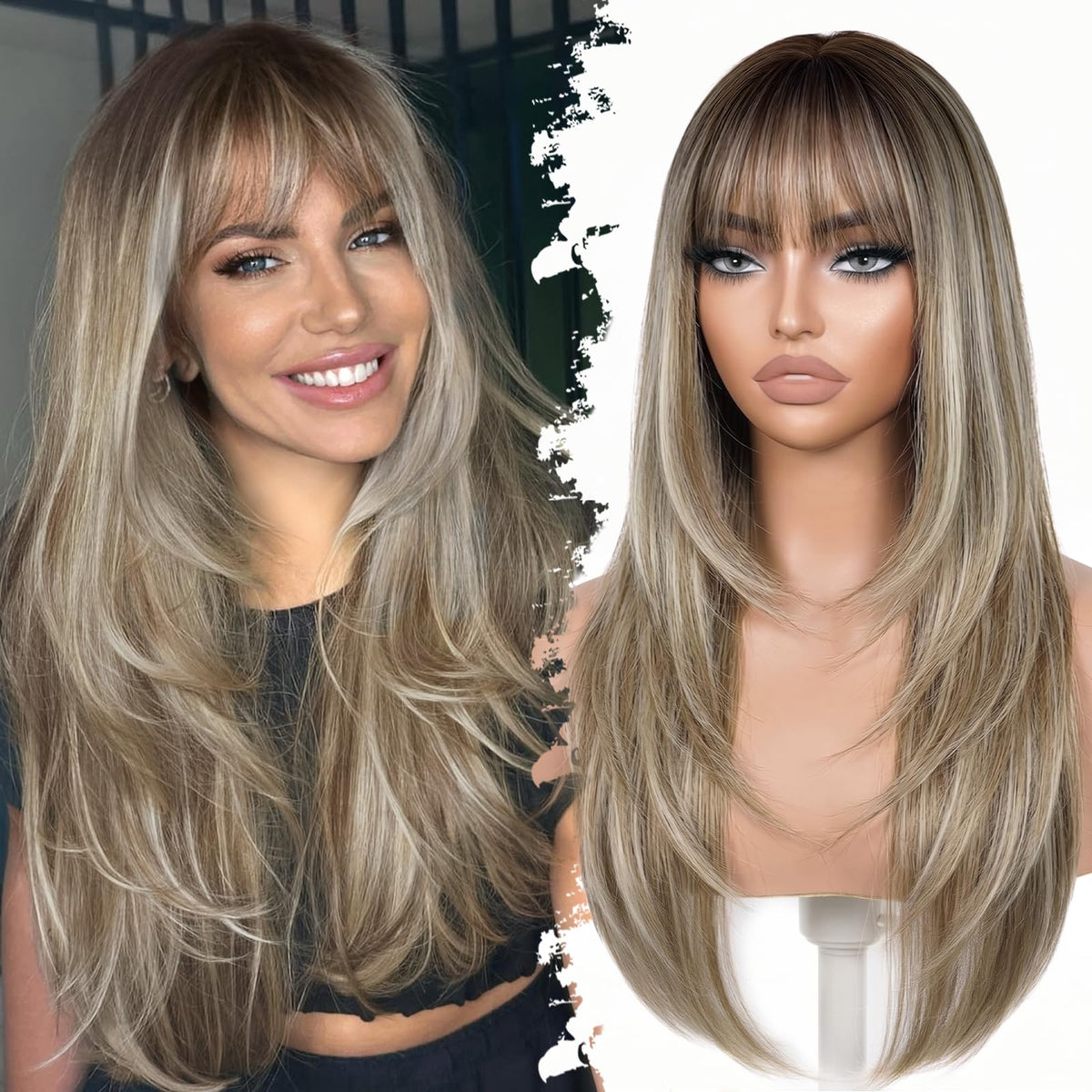 Eawwii 26-inch ombre wig with ash brown to platinum blonde transition for versatile daily styling