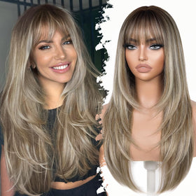 Eawwii 26-inch ombre wig with ash brown to platinum blonde transition for versatile daily styling