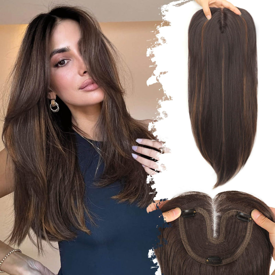 Eawwii dark brown caramel highlights topper base coverage for fuller crown.
