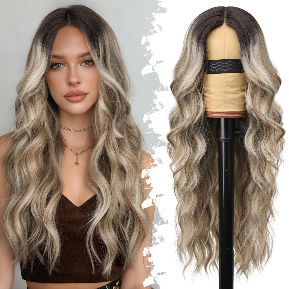 Eawwii Ombre ash brown with platinum blonde wig showing natural lace parting for everyday wear