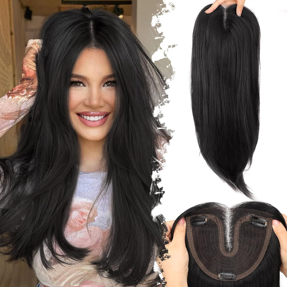 Eawwii topper front view with wispy bangs for instant volume and natural look.
